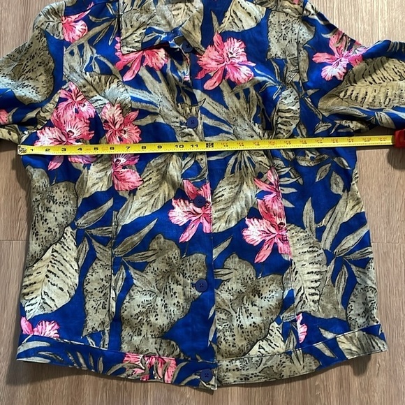 Chico's Women’s Jacket Large Blue 100% Linen Colorful Tropical Floral Coastal - Picture 9 of 13